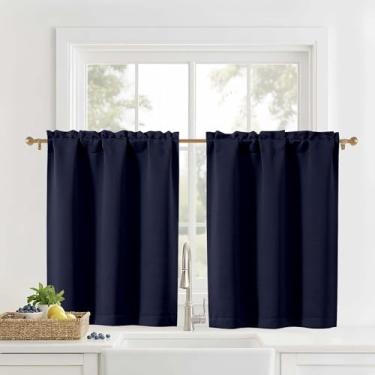 Imagem de OVZME Cortinas curtas azul marinho 91 cm de comprimento - Cortinas de cozinha com filtro de luz de tecido sólido, bolso para varão para trailer de armário, 2 painéis, 76 cm L x 91 cm C