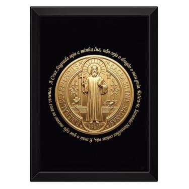 Imagem de Quadro São Bento Medalha Poderosa Cruz Sagrada (Moldura Branca, 50x70cm)