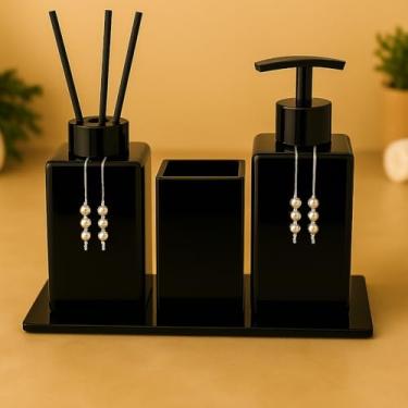 Imagem de Kit de Lavabo com Frascos Vazios - Sabonete Líquido, Aromatizante, Porta-Escovas e Bandeja, Funcional para Banheiro Doméstico (Preto Total C/Válvula Preta)