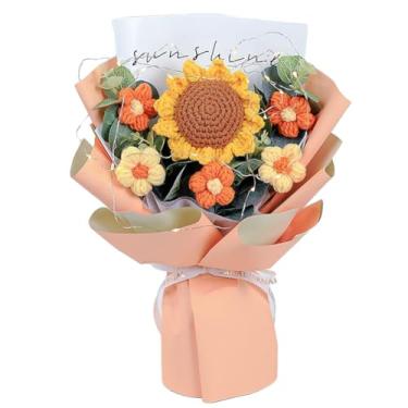 Imagem de Chordobe Buquê de girassol de flores de crochê - Flor artificial feita à mão para festival, casamento, formatura, aniversário - buquê de girassol tricotado para mulheres (laranja)