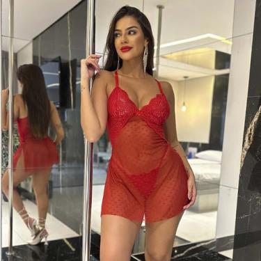 Imagem de Camisola Curta Tule Transparente Rendada Mini Vestido Sexy Com Calcinh