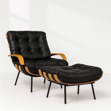 Imagem de Poltrona Courino Com Braço + Puff Fixa Base Reforçada Courino Preto