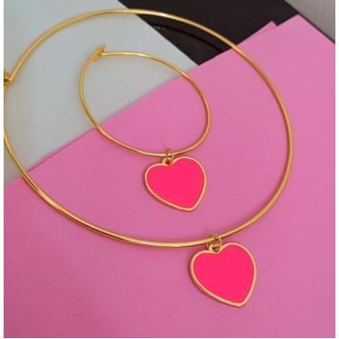 Imagem de Kit Conjunto Colar e Pulseira Elo Aro com Pingente Medalha Coração Lis