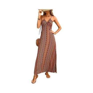 Imagem de Vestido Longo Feminino De Verão Boho Com Estampa Étnica, Costas Aberta