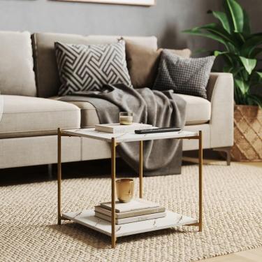 Imagem de Mesa Lateral Quadrada G7002 Com Pés De Metal Marmore Branco/dourado Marmore Branco/dourado