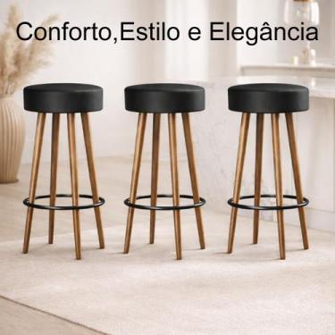 Imagem de Banqueta Alta Madeira Cozinha/Balcão Floyd-Kit 3 Unidades - - MD Munho