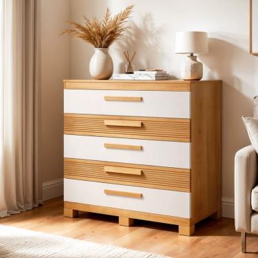 Imagem de Cômoda 5 Gavetas com Detalhes Fresadas Cinamomo/Off White