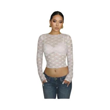 Imagem de Camisetas Transparentes De Renda Sexy Para Mulheres, Manga Longa, Ajus
