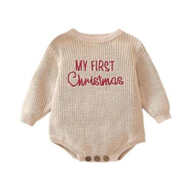 Imagem de Bebê natal camisola macacão carta bordado manga longa tripulação pesco