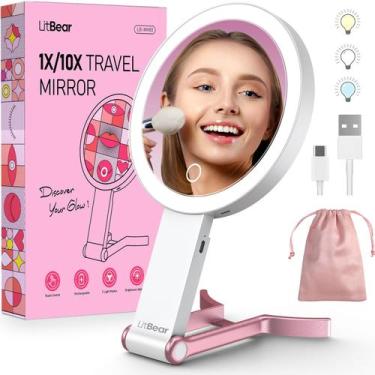 Imagem de Espelho de maquiagem LitBear Travel com luzes com ampliação de 10X
