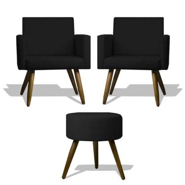 Imagem de Conjunto 2 Poltronas 1 Puff Redondo Pés Palito Suede Preto