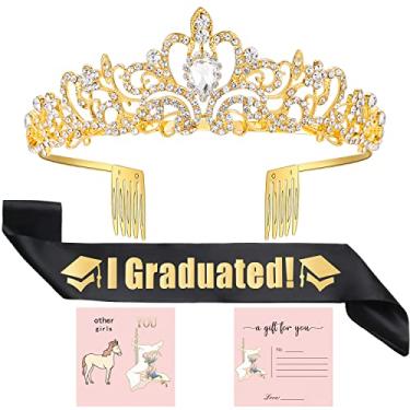 Imagem de Kits de artigos de festa de formatura 2022, faixa de coroa de tiara de formatura e cartão de desejos, presentes de formatura para seu ensino médio, mestrado, graduação, festa (ouro)