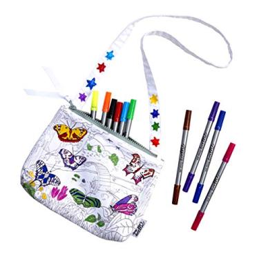 Imagem de eatsleepdoodle Bolsa tiracolo de borboleta para colorir faça você mesmo com marcadores laváveis, bolsa colorida reutilizável para meninas e meninos, atividades criativas de artes e artesanato