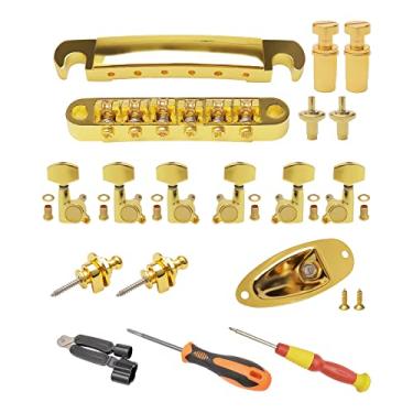 Imagem de Unxuey Gold Bridge Tailpiece 6 Cordas Guitarra Roller Saddle Tune-O-Matic Bridge para Guitarra LP, 6 Pçs Sintonizadores de Bloqueio de Guitarra 3L3R com Fechaduras de Correia de Guitarra e Placa de Macaco, Enrolador de Corda e Chave de Fenda