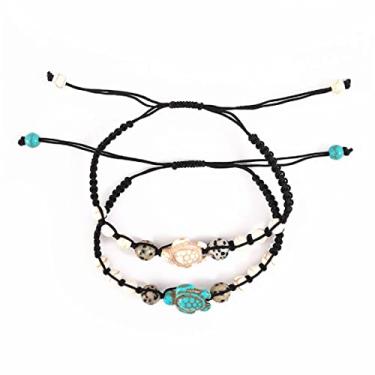 Imagem de Fuqimanman2020 Conjunto de 2 pulseiras trançadas de tartaruga turquesa boêmia, cordão ajustável, para mulheres, meninas, verão, praia, férias, joias, 9 inches, Pedra, pedra