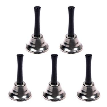 Imagem de 5 sinos de mão de aço prata, alarme de chamada, cabo de madeira, sinos de metal diatônico, percussão musical para tocar, jantar, escola, igreja, pacientes, decoração de casamento,
