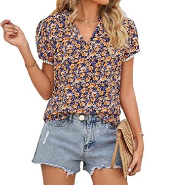Imagem de Camiseta feminina de chiffon com estampa floral manga curta decote em V manga pétala camisa casual solta camiseta de verão, laranja, XGG