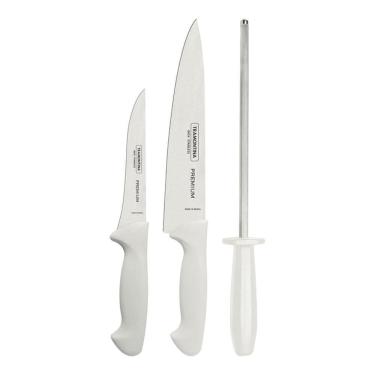 Imagem de Jogo Facas Lamina Inox Premium Profissional Cabo Branco 3 Peças Com Chaira - Tramontina 24499812