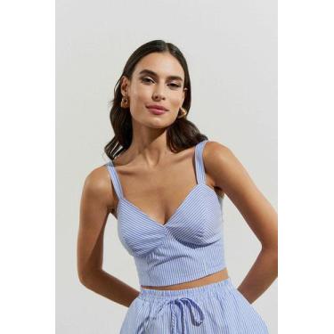 Imagem de Cropped Feminino Top Blusa Listrada Azul Decote Alças - Pury