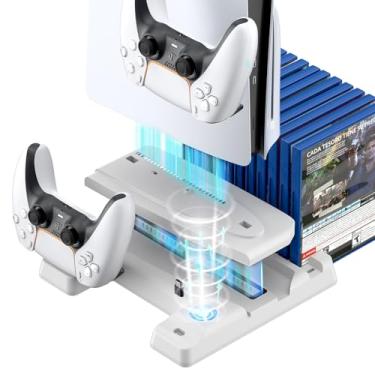 Imagem de NANANINO Suporte fino e estação de resfriamento PS5, compatível com PS5 Digital ou Disc, com carregador de controle e 11 compartimentos para discos