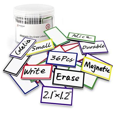 Imagem de 36 peças de etiquetas magnéticas pequenas espessas apagáveis a seco etiquetas magnéticas graváveis de mini fitas magnéticas para sala de aula, escritório, calendário, quadros brancos, prateleira,