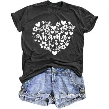 Imagem de Camisetas femininas com estampa de mamãe floral divertida Mama Heart camisetas casuais, Cinza, XXG