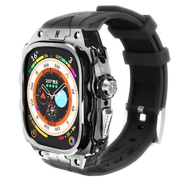 Imagem de GLuYuan Capa de relógio inteligente translúcida de luxo para Apple Watch Ultra 49 mm, capa leve e robusta totalmente envolta com pulseira, pulseira de silicone, botões de aço inoxidável, capa protetora para homens/mulheres (Deep Space Black)