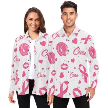 Imagem de Yuiboo Camisetas masculinas de verão de manga comprida para mulheres com bolsos fitas beijos câncer de mama flores rosa, Ribbons Kisses Breast Cancer Flowers Pink, GG
