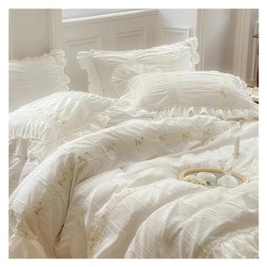 Imagem de Jogo de cama de algodão lavado macio, bordado, patchwork, fronhas, lençol de cama queen king, 4 peças, lençóis de cama (uma cor, tamanho queen, 4 peças)