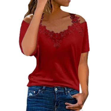 Imagem de Lainuyoah Blusa feminina estampada moderna com ombro vazado renda floral boho blusa casual verão gola V manga curta camiseta básica, Vermelho A, XXG