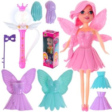 Imagem de Kit Boneca Fada Princesa Bailarina Com Asas Articulada Ballet Troca Roupa Vestido Cabelo Acessórios + Varinha Magica Rosa Com LED Fadas Brinquedo Menina Presente