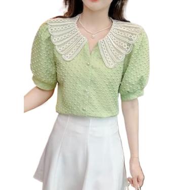 Imagem de Camiseta feminina de chiffon casual com gola de boneca no verão de 2024, Verde, M