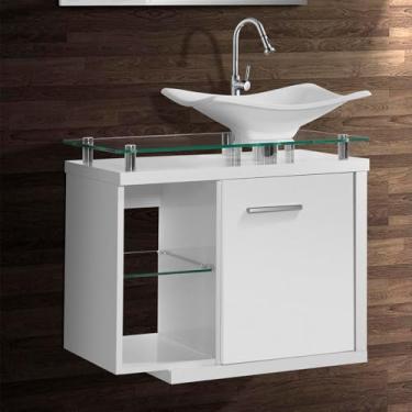 Imagem de Gabinete Toucador Para Banheiro Dama Tampo Em Vidro 64cm Branco