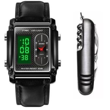 Imagem de Relógio Analógico Masculino Couro Skmei Digital + Acessório-Masculino