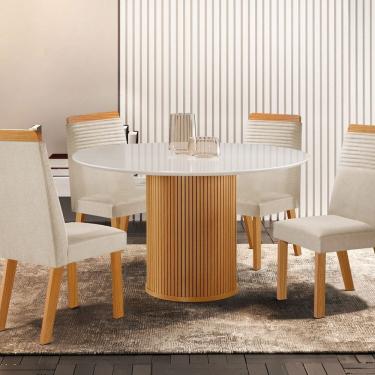 Imagem de Conjunto de Jantar Mesa Dara 1,10 X 1,10 Tampo Mdf/vidro com 4 Cadeiras Catar Castanho Cinamomo/Creme/Off White