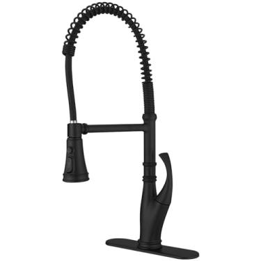 Imagem de Homevacious Torneira de cozinha preta com pulverizador de puxar para baixo Torneira de pia de cozinha de alça única 3 funções torneiras de pia comercial de mola de latão sólido de arco alto com placa