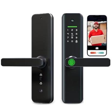 Imagem de Fechadura de porta inteligente com câmera, trava de entrada sem chave com campainha, fechadura eletrônica para porta da frente, trava elétrica, trava de encaixe com alça, impressão digital, código,