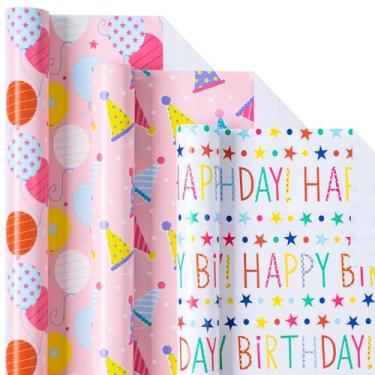 Imagem de LeZakaa Rolo de papel de embrulho de aniversário – Mini rolo – sorvete/ballon/"Happy Birthday Lettering for Gift Wrap, DIY Craft – 43 x 304 cm – 3 rolos (42,5 metros quadrados)