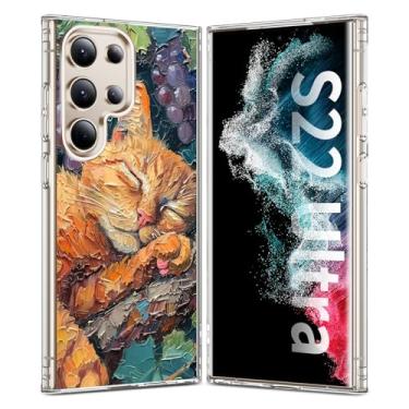 Imagem de YSLBWLE Capa magnética para Galaxy S22 Ultra transparente, [compatível com magnético] Capa magnética para celular fina e de grau militar (pintura a óleo gato) 25-s22u-01