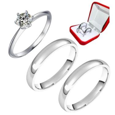 Imagem de Par Alianças Namoro 4mm Prata + Anel Solitário 2mm Prata Zirconia Bran