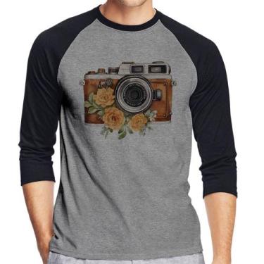 Imagem de Camiseta Raglan Máquina Fotográfica Vintage e Flores Manga 3/4 - Foca 