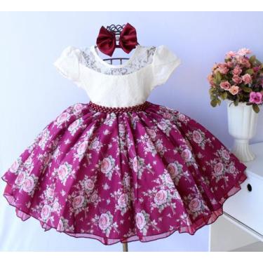 Imagem de Vestido Juvenil Floral Marsala Festa Luxo E Tiara - Pingo de Gente Bab