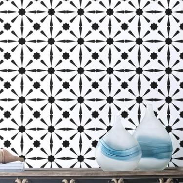 Imagem de WENMER Papel de parede geométrico, papel de parede geométrico Mordern de 43 cm × 1590 cm, papel de contato geométrico preto e branco, papel de parede Mordern para armários, banheiro, cozinha,