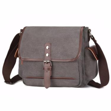 Imagem de Bolsa mensageiro masculina casual de lona transversal com vários bolsos, Cinza, 26cm*30cm*14cm.