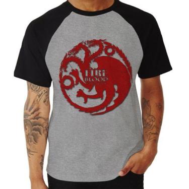 Imagem de Camiseta Raglan Fire and Blood Targaryen - Foca na Moda, Cinza, Preto,