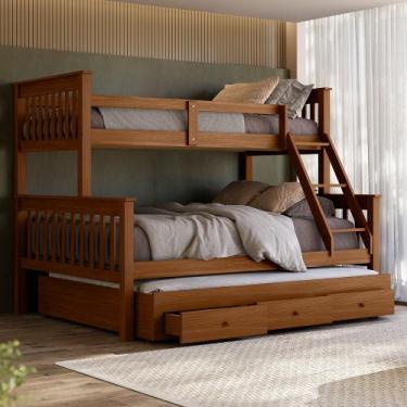 Imagem de Beliche Casal Solteiro De Madeira Woodstore e Aux Casal Com Gavetas, C