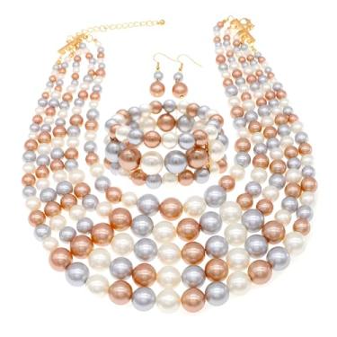 Imagem de Falso Big Pearl Srand Colares para Mulheres 5 Camadas Pérolas Gargantilha Colar Colar Pulseira e Brincos Conjunto 1920 Fantasia Pérola Joias Casamento, Adjustable, Zinco, Pérola sintética