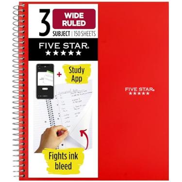 Imagem de Five Star Caderno espiral + aplicativo de estudo, 3 assuntos, papel pautado largo, 26 cm x 20 cm, 150 folhas, vermelho (72029)