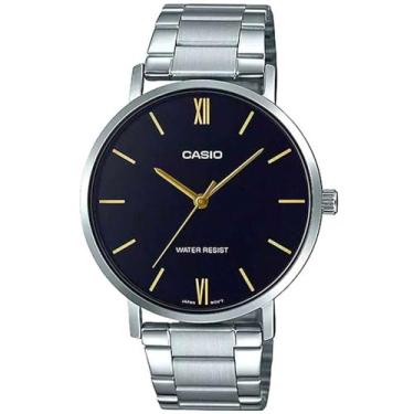 Imagem de Relógio analógico masculino Casio MTP-VT01D-1B em aço inoxidável minimalista com mostrador preto com 3 ponteiros