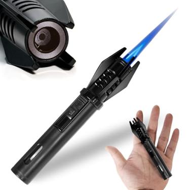 Imagem de Mini isqueiro para acampamento pequeno recarregável de butano bolso tático EDC à prova de vento chama a jato com janela visual para caminhadas, sobrevivência, cozinha, vela, lareira, festa em casa